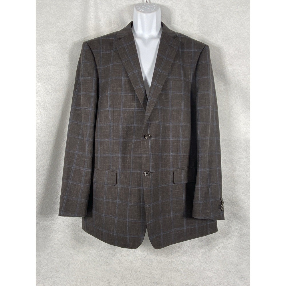 Renoir Jacket Men's 44L Brown Blue Blazer Sport Coat Wool Linen Plaid